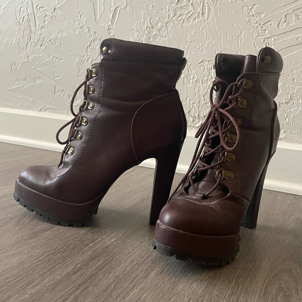 Burgundy Brown Heeled Lace-Up Boots